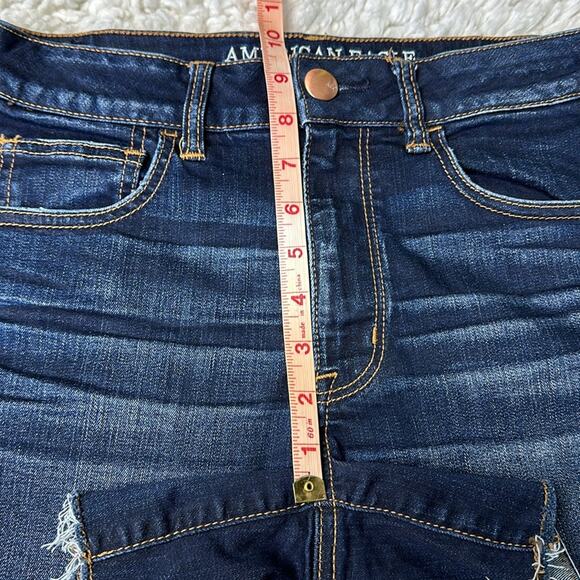 American Eagle Hi Rise Shortie Dark Wash Distressed Hem Longer Inseam Nice T35 - Picture 6 of 7